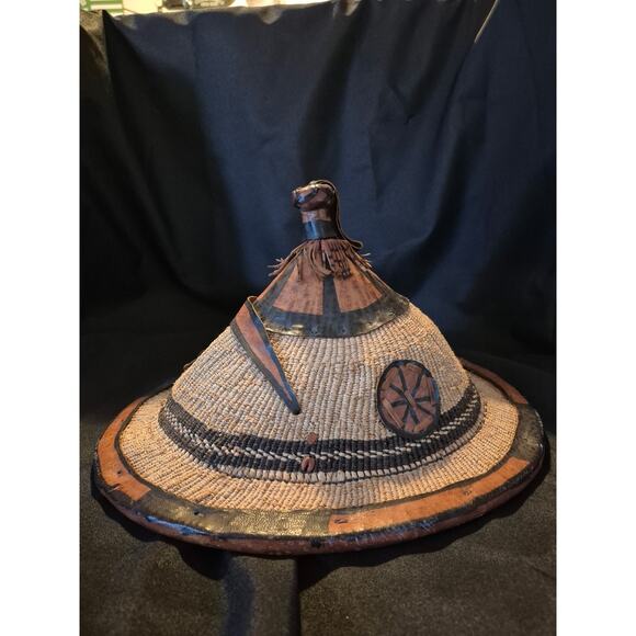 Authentic, AFRICAN CONICAL FULANI HAND WOVEN HAT WITH LEATHER TRIM